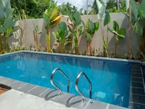 ウナワトゥナにあるVilla Nirvanaの青いスイミングプール(フェンス、植物付)
