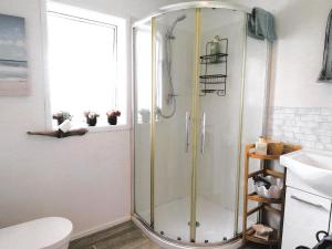 eine Dusche mit Glastür im Badezimmer in der Unterkunft CROOKED MILE COTTAGE - BY THE SEA - family friendly in Hokitika + 36 Fotos