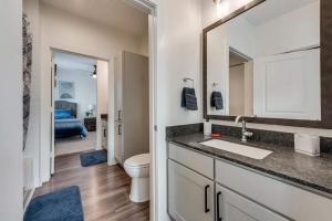 a bathroom with a sink and a toilet and a mirror at Luxury 3BD Apt Smart Home Pool Grapevine GV202 in Minters Chapel