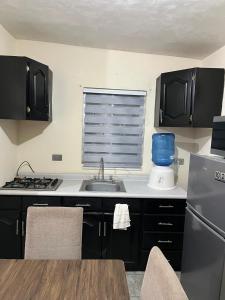 a kitchen with black cabinets and a sink and a window at Casa amplia y céntrica cerca de Laguna del Náinari in Ciudad Obregón