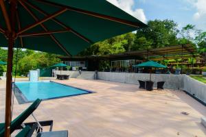 een zwembad met parasols en stoelen naast een zwembad bij Mist of Sinharaja in Galle