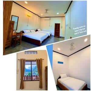 Una habitación de hotel con dos camas y balcón. en phoulisack2 guesthouse, en Nongkhiaw