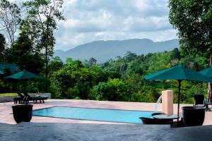 een zwembad met tafels, parasols en bergen bij Mist of Sinharaja in Galle