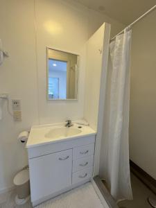 a white bathroom with a sink and a mirror at Private Self Contained Unit Dog Friendly in Claudelands
