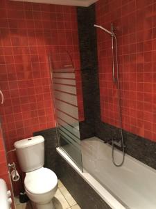 a bathroom with a toilet and a glass shower at City Apartment Děčín in Děčín
