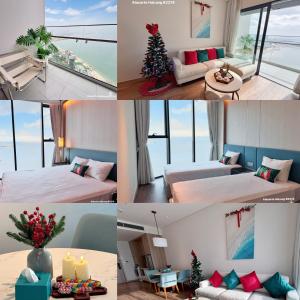 a collage of four pictures of a hotel room at A La Carte Ha Long Oceanview Fireworksview Panoramic 2BR2WC suite with balcony in Ha Long