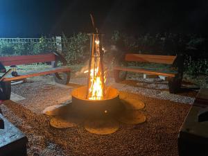 a fire pit in a park with two benches at Anjanadri Lakeview Gardens - Sapthashree Nivasa in Hosūr