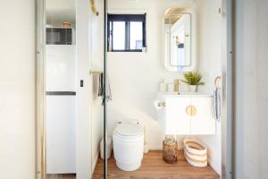 a bathroom with a toilet and a mirror at Tiny Home in the heart of Broadbeach-River Views! in Gold Coast
