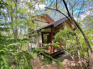 a small cabin in the woods with trees at 花の街660 Tsumagoi Private House with Parking & BBQ in Tsumagoi