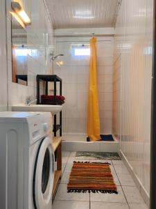 a bathroom with a washing machine and a shower at La Villa Ti'Lau in Saint-Laurent du Maroni