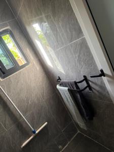 a bathroom with a shower with a towel rack at My Dream in Manduar