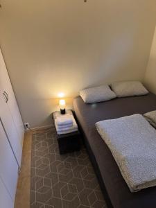 a small room with two beds and a light on the side at Cosy, modern apartment near the city center in Senja