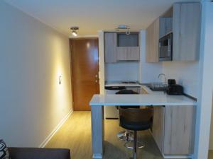 a kitchen with a counter and a bar with a stool at Santiago Bus Terminal in Santiago