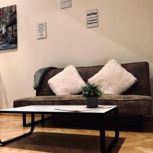a couch with two pillows on it with a coffee table at Ferienwohnung Kotterer - Innenstadt Speyer in Speyer