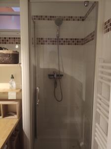 a shower with a glass door in a bathroom at Foudebassan in La Teste-de-Buch