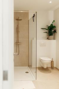 a bathroom with a toilet and a glass shower at Studio&Stay Room in Ghent +1 photo