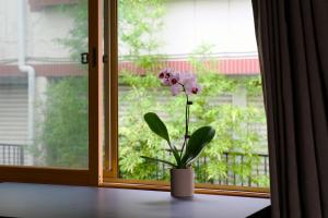 a flower in a vase on a table in front of a window at 康郷 箱根湯本 in Wada