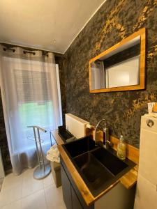 a kitchen with a sink and a mirror on the wall at St Georgen im Attergau ein Zimmer Wohnung in Sankt Georgen im Attergau