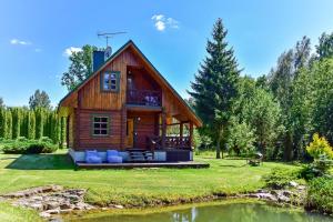 eine Hütte im Wald mit einem Teich in der Unterkunft Stirnelės viensėdis in Stirniai