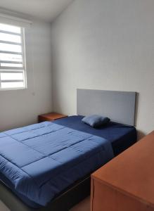 een slaapkamer met een blauw bed en een raam bij Cozy House with Private Garden in Pachuca in Pachuca de Soto