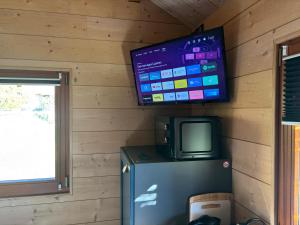 a television on a wall with a refrigerator and a tv at Mas des Poutres - Tiny house in Charmes-sur-lʼHerbasse