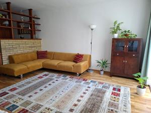 a living room with a couch and a rug at Centrum apartman in Szekszárd +7 photos