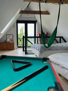 Una habitación con una mesa de billar y una cama. en Holiday Home With View Of Dalby Bay, en Mesinge