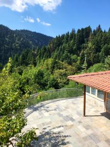 a patio with a view of the mountains at pavliani house in Pávliani
