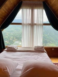a bed in a room with a large window at Dreamy Garden Cabin in Gundauri