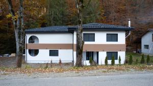 a white house with a black roof at MonteRai in Văliug