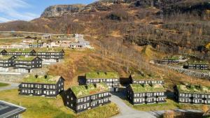 a group of houses with grass roofs on a hill at Pleasant mountain apartment in Røldal, with a view in Håra