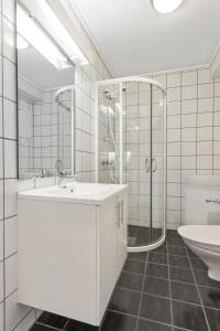 a bathroom with a sink and a shower and a toilet at Pleasant mountain apartment in Røldal, with a view in Håra