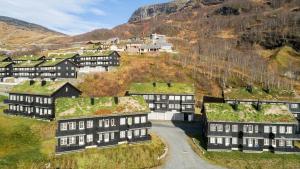 a group of buildings with grass roofs at Pleasant mountain apartment in Røldal, with a view in Håra