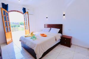 Un dormitorio con una cama y una puerta abierta. en Sun wing guest house, en Luxor 146 fotos más