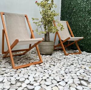 two chairs and a potted plant on a pebble floor at Atropa belladonna in Sembalun Lawang