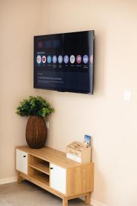 a flat screen tv hanging on a wall at Maison MUGUET 3 SPA-PARKING-COLMAR in Wickerschwihr