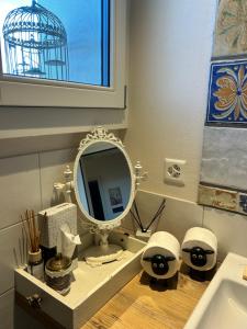 a bathroom with a sink and a mirror on a counter at B&B Friedau in Nottwil