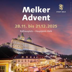 a poster for a hotel in a city at night at Altstadthaus Marille mit Innenhofterrasse in Melk