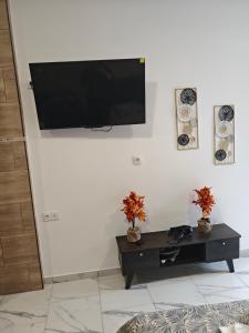 a living room with a tv on a white wall at Gcm 3 rooms kentro κατερινη in Katerini +5 photos