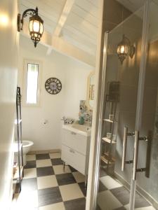 a bathroom with a shower and a sink and a toilet at Au Bal des Oiseaux in Chavagnes-en-Paillers
