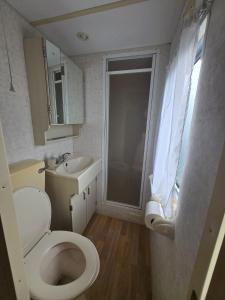 a small bathroom with a toilet and a sink at Dunepark in Nieuwpoort