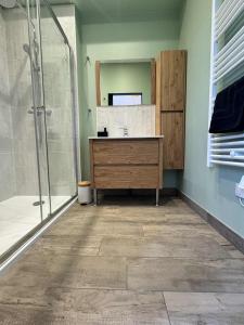 a bathroom with a vanity and a shower and a sink at Maison Entre Verre et Mer in Eu
