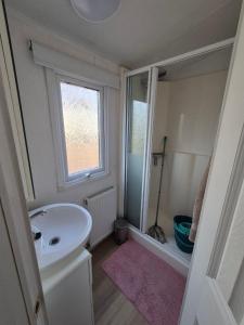 een witte badkamer met een wastafel en een douche bij Lodge Priscilla in Eext