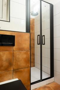 una doccia con una porta in vetro in un bagno di Apartmán IRIS Poděbrady 3 a Poděbrady