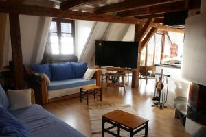 a living room with a blue couch and a flat screen tv at Plein Sud vue sur les Vosges et le vignoble in Ammerschwihr