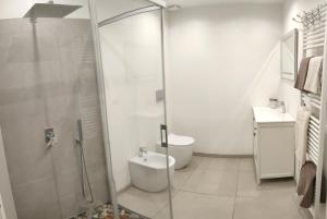 a bathroom with a shower and a toilet and a sink at Casa del gelso in Canale