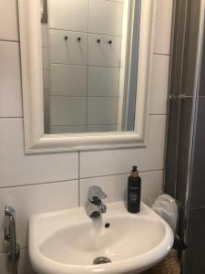 a bathroom sink with a mirror and a bottle of soap at Haus Anna in Rauma +36 photos
