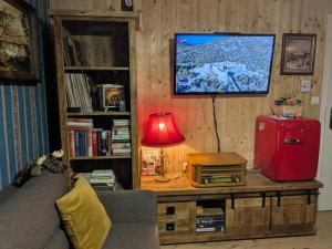 a living room with a couch and a table with a television at Altes Häusle am Waschbach-Weinstock in Edenkoben