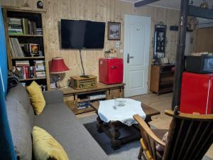a living room with a couch and a table and a television at Altes Häusle am Waschbach-Weinstock in Edenkoben