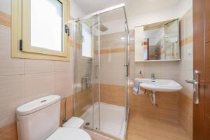 a bathroom with a shower and a toilet and a sink at Villa Apollon by Villa Plus in Spathíon +20 photos